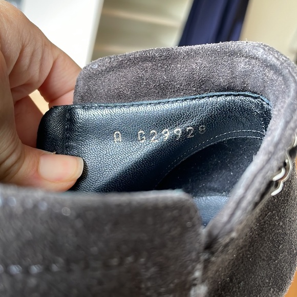 CHANEL CHAIN-TRIM ANKLE BOOTS DARK GRAY GLITTER SUEDE HIGH HEEL - Picture 7 of 7